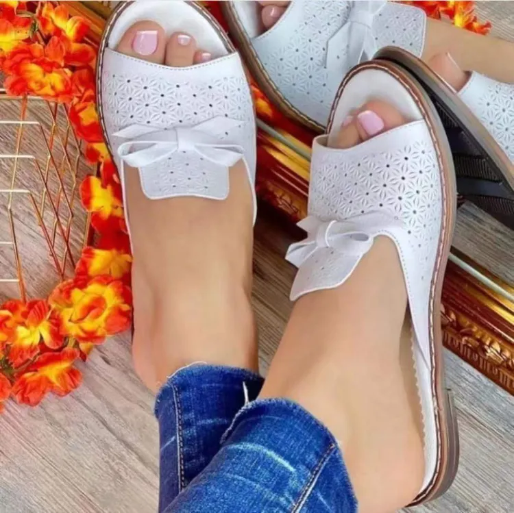 Wholesale 2023 Summer Big Size Leather Shoes Openwork Bow PVC And PU Slippers Ladies