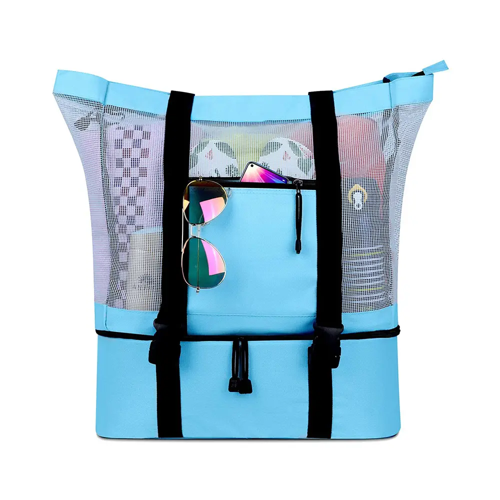 Wholesale Fashion Women Pineapple Large Mesh Tote Bag 5038 Custom Oxford Top Zipper Boat Beach Bag with Detachable Cooler bag