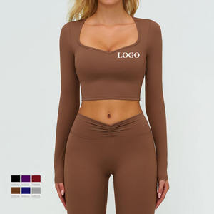 2 Piece Yoga <b>Set</b> <b>Square</b> Neck Full Sleeve Crop Top High Waist Ruched Leggings Solid Color Seamless Breathable Spandex Polyester - Product Image 1