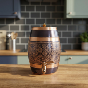 Réservoir de distribution d'eau en cuivre pur de qualité supérieure, forme baril, 11L, gravé au laser motif floral damassé, Matka, étanche, avec robinet, pour camping - Product Image 1