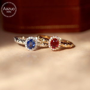 Aazuo-Anillo de compromiso clásico de oro macizo de 18 quilates con forma ovalada, rubí natural y zafiros azules, regalo encantador para mujer, cumpleaños, amor, Au750 - Product Image 1