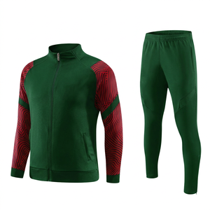 Men's Green Tracksuit Set Full Sleeve Zipper Jacket With Red Geometric Pattern Sporty Athletic Pants Quick Dry Autumn Wear - Product Image 1