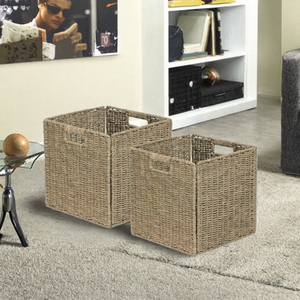 Set of 2 Modern Hand-Woven Seagrass Wicker Square <b>Storage</b> <b>Baskets</b> Foldable Cube Organizer for <b>Shelves</b> Toilet Paper & Home Decor - Product Image 3