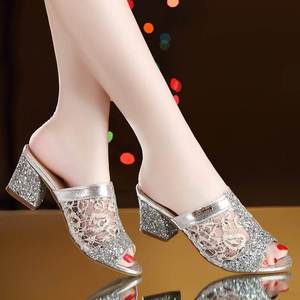 Nuevo Estilo, Elegantes y Brillantes, Tacones Cuadrados, Punta Redonda, Populares Mules de Verano, Zapatillas de Tacón Alto para Mujeres y Damas - Product Image 2