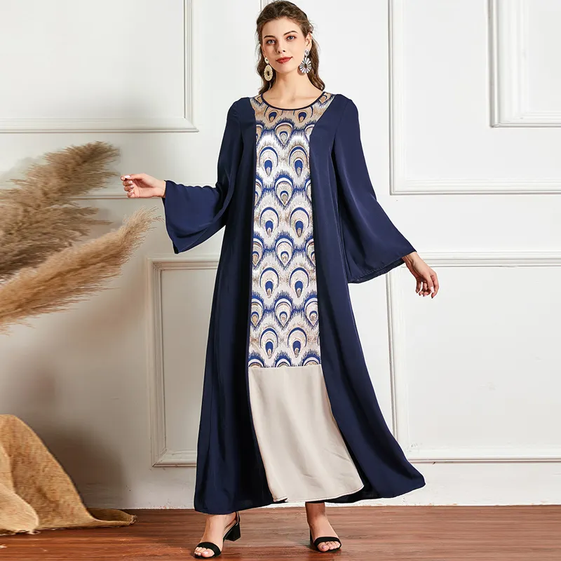 בציר ערבית ארוך שמלת לנשים קיץ אופנה מוסר הדפסת צבע בלוק ארוך שרוול מוסלמי דובאי טורקיה בגדי עיד