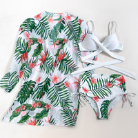 Traje de baño floral de cintura alta para mujer, conjunto de traje de baño de tres piezas con espalda descubierta y escote en V