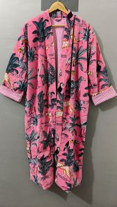 Bata de algodón con estampado animal rosa para mujer, manga tres cuartos, longitud completa, ropa de dormir informal, ropa de playa de verano - Product Image 2