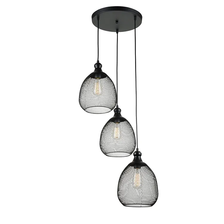 Indoor Decorative Ceiling Lamp 3-Lights Black Iron Wire Mesh Shade Kitchen Island Pendant Light