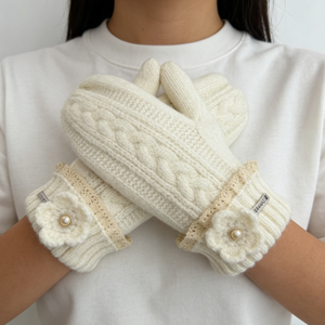 Mitaines en tricot crème mignonnes avec dentelle et décor floral, gants chauds d'hiver pour femmes, tricot torsadé confortable pour usage quotidien en extérieur - Product Image 3