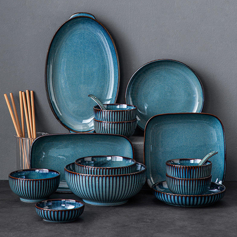 High quality blue porcelain dinnerware set wholesale Nordic Style Europe luxury fine Dishes & Plates restaurant stoneware