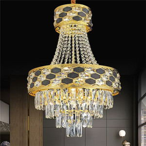 Lustre Moderne de Luxe en Cristal Doré, Cadre en Cristal Incrusté Nid d'Abeille, Décoration en Chaîne de Cristaux pour Salle de Réception, Salle à Manger, Hôtel - Product Image 1