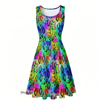 Robe Skater Femme Personnalisée Imprimée Numérique en Gros, Robe Trapèze Sans Manches Unique Effet Peau de Serpent Néon avec Poches Latérales Pratiques