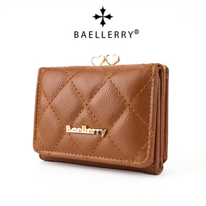 กระเป๋าสตางค์สั้นผู้หญิง Baellerry สีน้ำตาล ลายเย็บเพชร แบบสามพับ ใส่เหรียญ แฟชั่น ใช้ได้ทุกวัน - Product Image 1