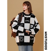 Pull en tricot jacquard à carreaux et motif ours souriant pour homme, col rond, manches longues, style décontracté, idéal pour le streetwear