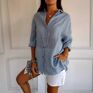 Vêtements pour femmes couleur unie style européen américain chemisiers chemises simple boutonnage plissé <span class=keywords><strong>col</strong></span> rabattu manches retroussées - Product Image 4