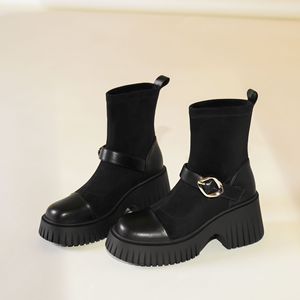 Bottines pour femmes Y91232, bout rond, talon épais, plateforme, boucle, antidérapantes, noires, bottes tendance, 5CM 8CM - Product Image 1