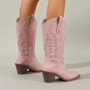 Bottes de cowboy western pour femme, automne, style punk flamboyant, brodées, à bout carré, hauteur genou, talon épais, bottes de chevalier uniques et tendance - Product Image 3