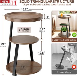 Mesa Auxiliar Estilo Rústico Ultra Estable, Mesa <span class=keywords><strong>de</strong></span> Centro/Mesita <span class=keywords><strong>de</strong></span> Noche, Mesa Auxiliar Redonda <span class=keywords><strong>de</strong></span> 3 Niveles con Bandeja Superior y Estante <span class=keywords><strong>de</strong></span> Almacenamiento - Product Image 2