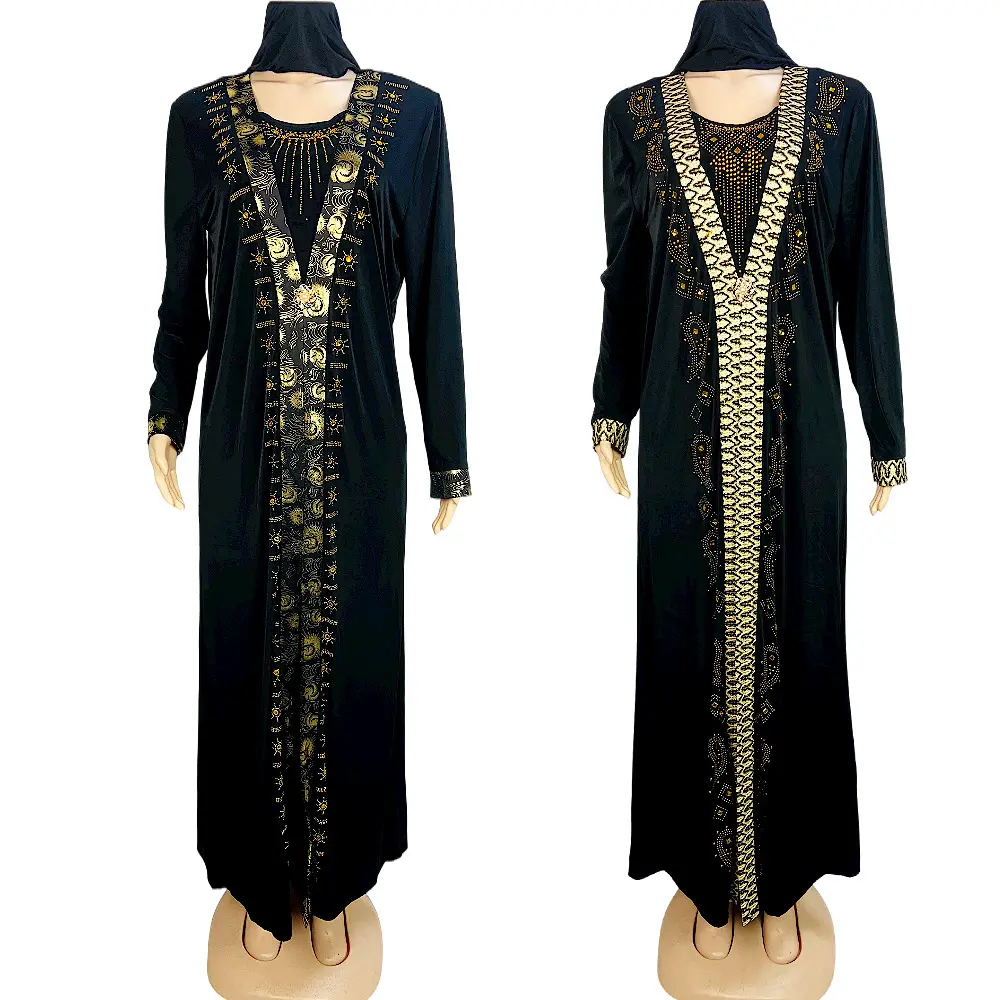 Islamic clothes factory ice silk slim classic black elegant abaya diamond big swing dress with headscarf support customization