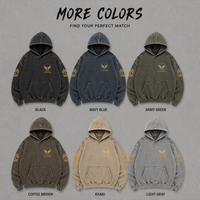 Sweat-shirt vintage pour homme OEM, couleur olive, avec badge doré imprimé, délavé à l'enzyme, effet usé et déchiré