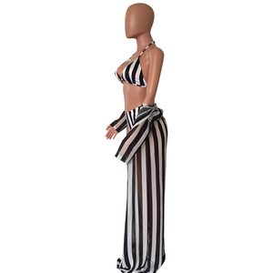 Conjunto de bikini de tres piezas con detalle de lazo a rayas y falda con abertura - Product Image 5