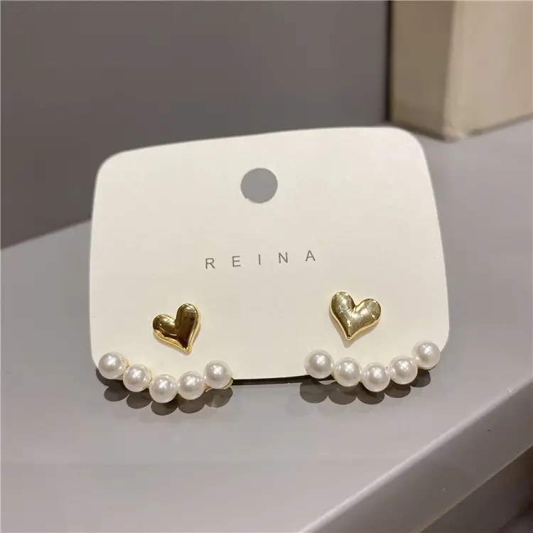 Boucles d'oreilles en perles dorées Coeur Stud Front Back Smile Pearl Boucles d'oreilles en perles