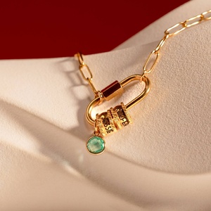 Paperclip Link <b>Chain</b> Necklace Oval Lock Connector <b>Name</b> Bead Rings Birthstone Charm Green Women Christmas Gift Elegant - Product Image 5