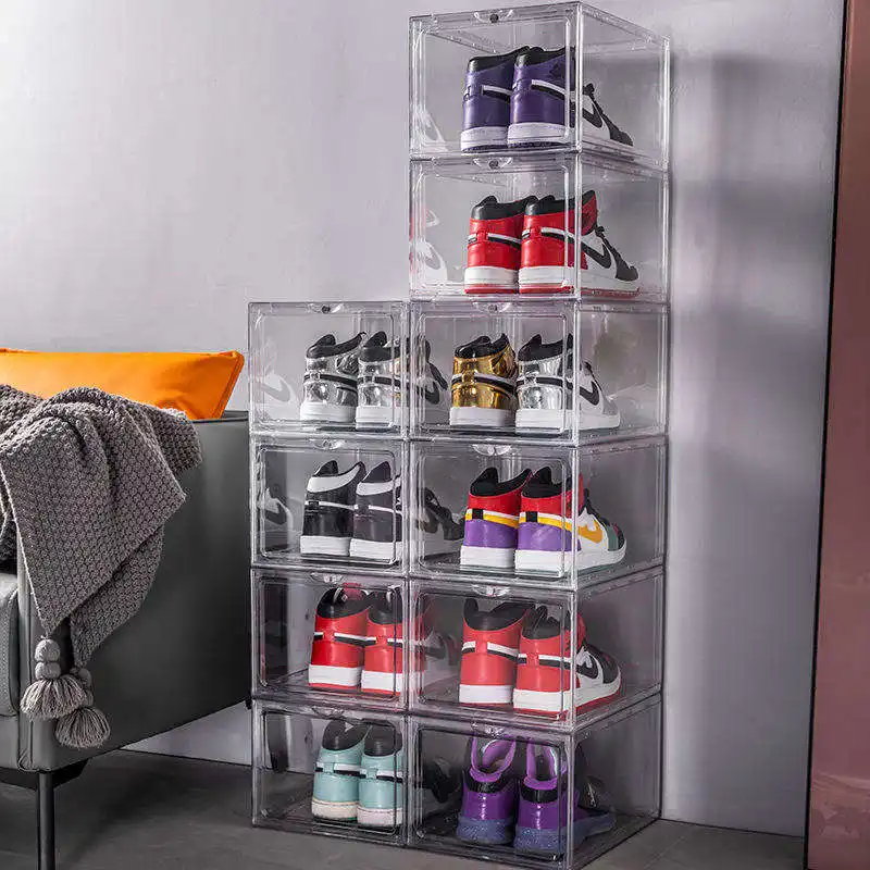 Custom Shoe Storage Boxes Magnetic Clear Stackable Transparent Sneaker Box Shoe Container Storage Plastic Box For Shoes