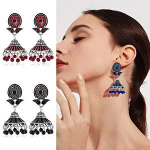 VRIUA Vintage Silver Alloy Jhumka Bells Beads Tassel Statement Earrings for Women Gypsy Green Stone Dangle Indian Jewelry Party