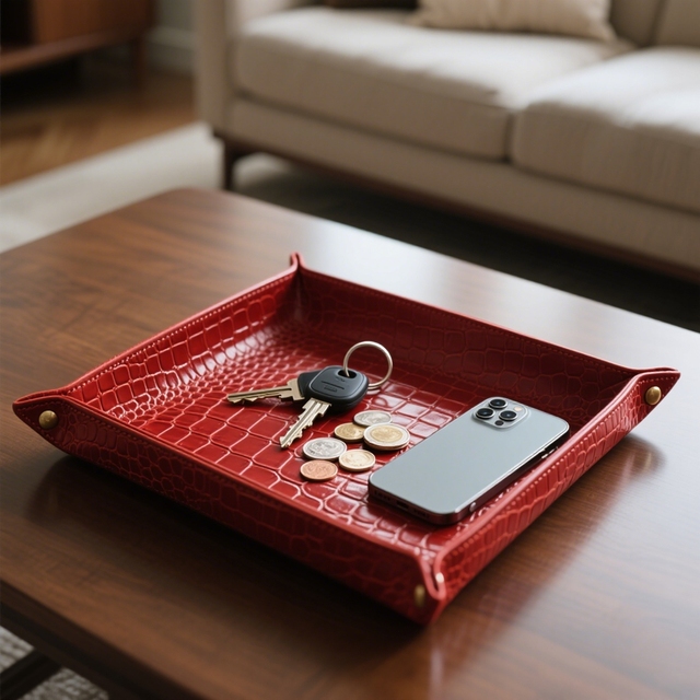 High End Top Grain Leather Tray Durable Crocodile Pattern Leather Key/Mobile Phone Storage Tray Jewelry Carrier Case for Home