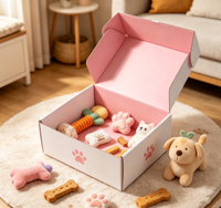 Großhandel Lagerbestand Weiße Außen- und Rosa Innenseite Kraft-PET-Versandboxen Faltbare Flugzeugbox für Hundeleckerlis & Spielzeugverpackung