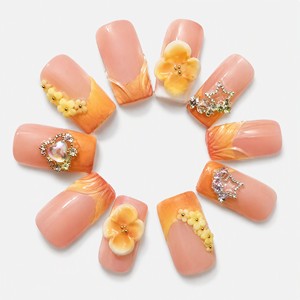 Pink <b>Orange</b> Gradient <b>Press</b> on Nails 3D Flower Rhinestone Heart Star False Nail Set for Salon Party - Product Image 3