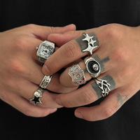 Ensemble de 7 bagues de montre de style gothique hip-hop pour hommes et femmes, vintage punk, étoile à cinq branches, horloge, empilage irrégulier, bijoux de doigt