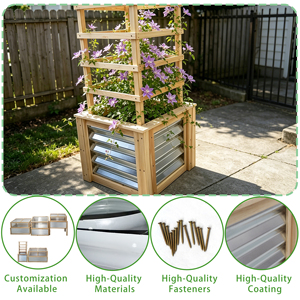 Natural Wood & Galvanized Steel Garden Raised Bed WithTrellis Heavy Duty Plant Support <b>Planter</b> Box for Climbing Flowers - Product Image 3