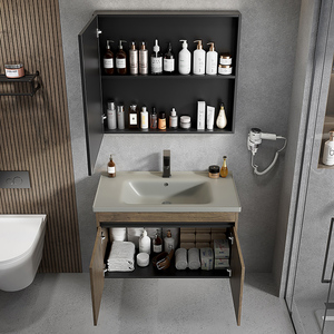 Miroir LED intelligent en alliage d'aluminium laqué nordique moderne, armoire de salle de bain intégrée en céramique murale pour usage hôtelier, 5 ans - Product Image 6