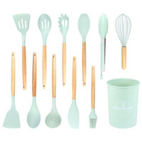 THEONE Ensemble d'ustensiles de cuisine en silicone 12 pièces avec manches en bois, spatule, pince, cuillère antiadhésives pour la cuisson