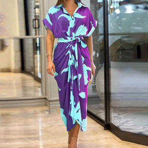 Vestido Camisero de Moda con Cintura Alta, Media Manga, Dobladillo Irregular, Holgado, Informal, Estampado, Elegante, para Mujer, Verano - Product Image 3