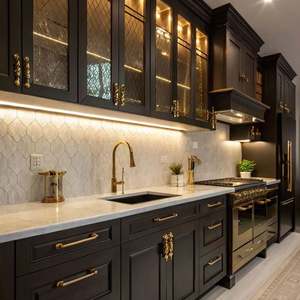 Factory Direct Customized High-End Classic Black Solid Wood <b>Kitchen</b> Set | Elegant <b>Gold</b> <b>Accessories</b> & Quartz Countertops - Product Image 1