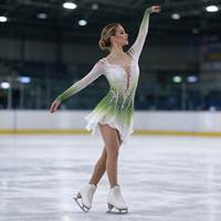 Robe de patinage artistique pour enfants et adultes, dégradé vert et blanc, maille à manches longues, dos en strass en forme de larme, pour compétition et spectacle