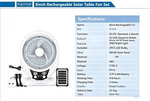 Ventilateur de table solaire rechargeable avec LED pour hôtel, idéal pour la circulation de l'air – Grande promotion de lancement - Product Image 1