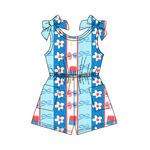 SR4128 CUSTOM Conjunto de mono sin mangas para bebé niña con estampado de flores azules y lazos, venta al por mayor - Product Image 1
