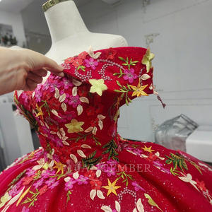 Jancember ANY19 Vestido de noche tradicional rojo ostentoso con hombros descubiertos Empire Puffy Ball - Product Image 6