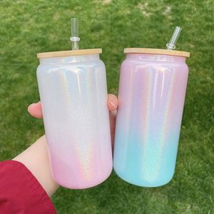 Canette en verre borosilicate de haute qualité de 16 oz, couleur dégradée, avec paillettes, couvercles et pailles, pour transfert par sublimation - Product Image 4