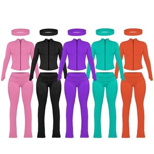 Ensemble de vêtements de détente personnalisés <span class=keywords><strong>pour</strong></span> le fitness, deux pièces, adapté aux grandes filles, veste zippée et <span class=keywords><strong>pantalon</strong></span> évasé à revers, ensemble assorti avec bandeau <span class=keywords><strong>pour</strong></span> femmes - Product Image 3