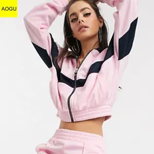 Street Wear Zip Up Funnel Neck Side Pockets Track Tops Pink Women Workout Jackets