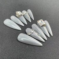 Uñas portátiles hechas a mano puras con destello de ojo de gato de diamante grande de Punta larga, venta al por mayor de fábrica reutilizable de alta calidad