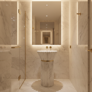 Lavabo Pedestal de Mármol Moderno con Diseño Escultórico Acanalado, Lavabo de Piedra Tallado a Mano para Sobreponer con Acabado de Diseño y Desagüe de Almacén - Product Image 2