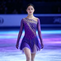 Robe de patinage artistique à col haut et dos ouvert, manches longues, en maille ornée de strass, pour enfants et adultes, pour compétitions et spectacles sur glace