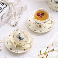 En Gros Service à Thé et Café en Céramique de Style Européen Moderne avec Papillon, Libellule et Fleur de Palais, Tasses et Soucoupes Vintage Pastorales