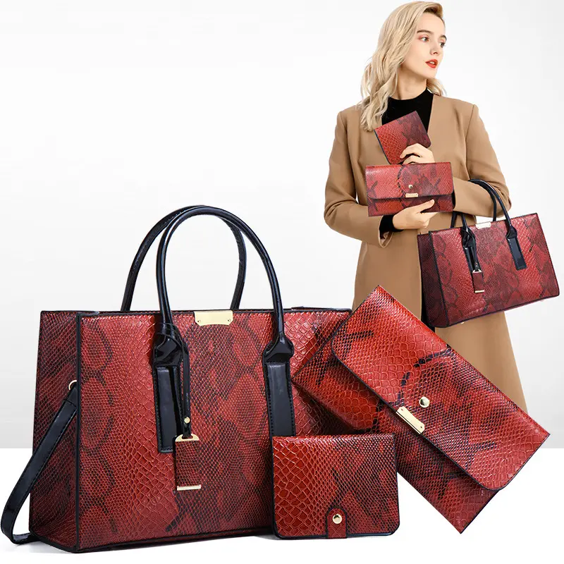 2022 wholesale red snake pattern women hand bags set shoulder tote 3pcs purse ladies handbag